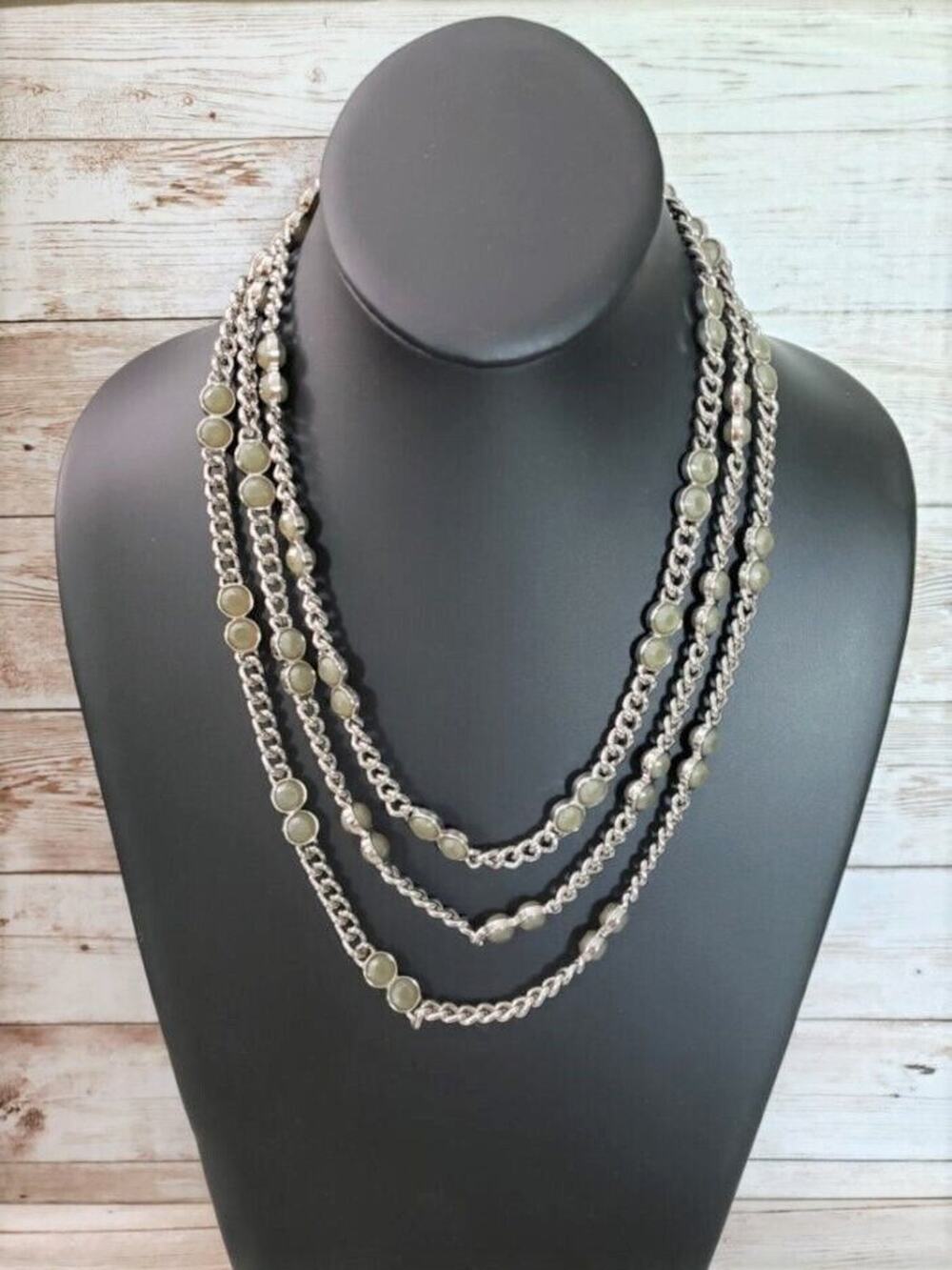 Banana Republic Necklace Silver Tone & Dusky Green Layered Necklace